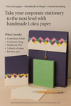 Complete eco-friendly stationery gift set with Lokta notebook, conference folders, bamboo pen, Lokta sheets, and a handmade bag.