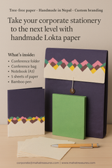 Complete eco-friendly stationery gift set with Lokta notebook, conference folders, bamboo pen, Lokta sheets, and a handmade bag.