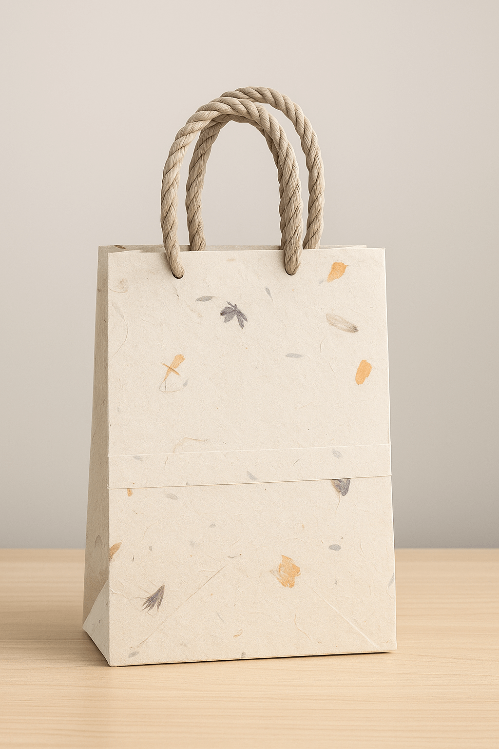 A handcrafted Lokta paper gift bag with twisted natural handles, displayed standing on a dark wooden surface. The bag features a textured, off-white base with scattered botanical inclusions in orange, lavender, and green tones, showcasing its natural, eco-friendly aesthetic.