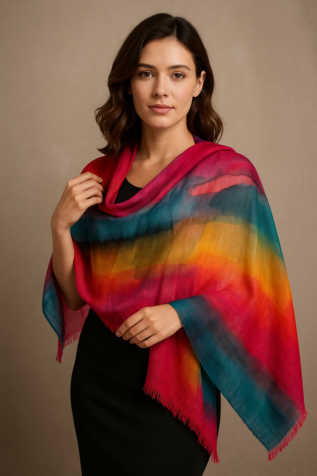 "Handwoven Himalayan Sunset pashmina scarf in warm sunset tones, made in Nepal"
