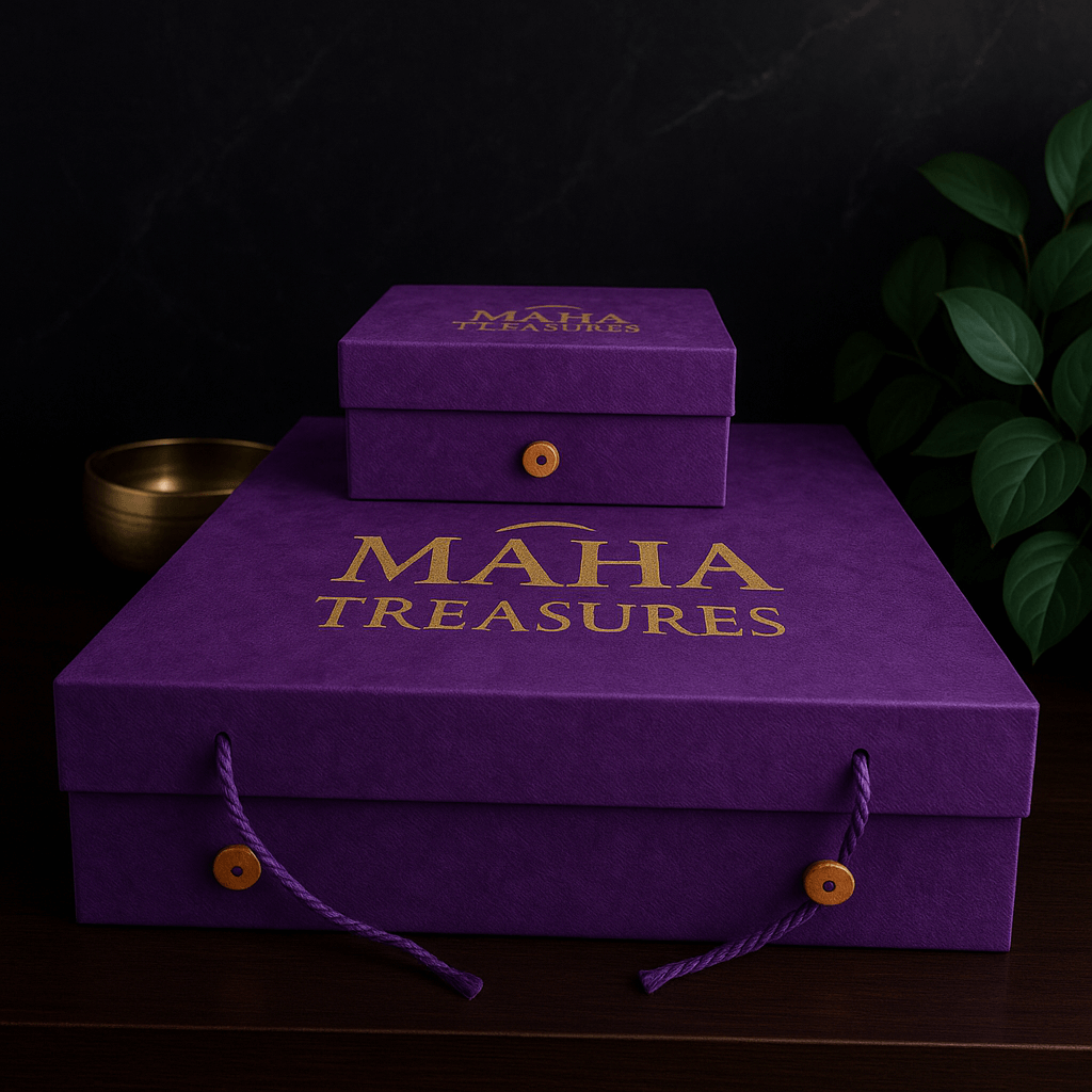 Purple 'Maha Treasures' boxes with gold text on a dark background