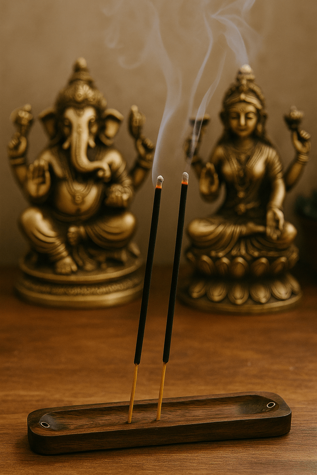 Two masala incense sticks burn in a wooden holder, releasing delicate trails of smoke, with brass statues of Ganesha and Lakshmi softly blurred in the background on a wooden altar.