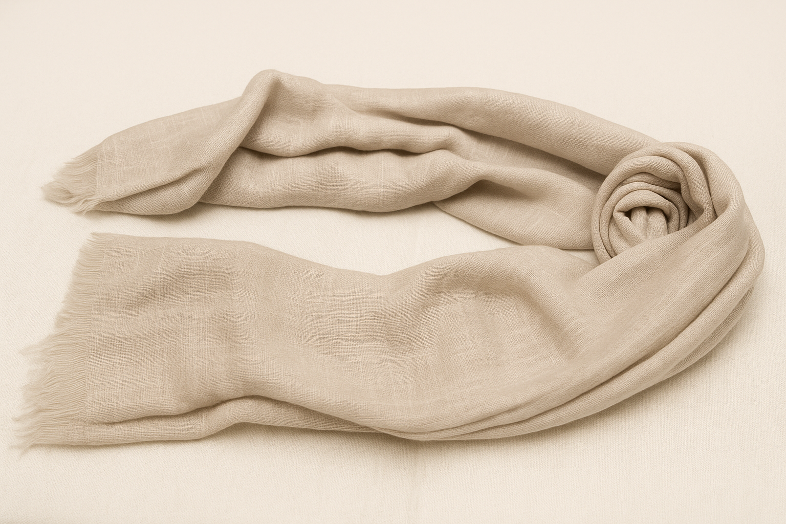 "Soft beige wrap made from natural pashmina blend, breathable and cozy"