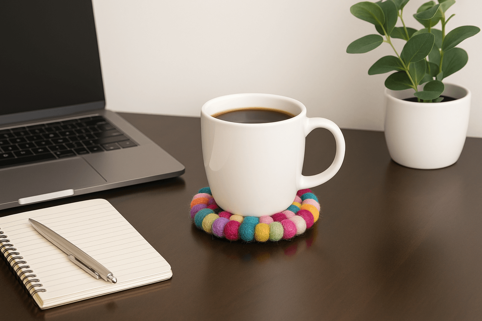 A photograph showcases a close-up of a neatly arranged workspace on a wooden desk, featuring a laptop, pen holder, and a colorful handmade felt ball coaster beside a cup.