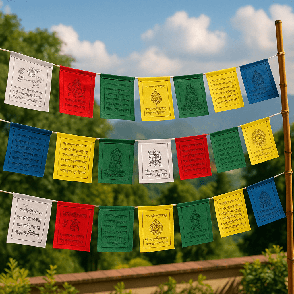 Five strands of colorful Tibetan prayer flags—each with white, red, green, yellow, and blue cotton flags—hang between bamboo poles outdoors, fluttering against a clear sky and green mountain landscape. Each flag is printed with sacred Tibetan mantras and spiritual symbols.