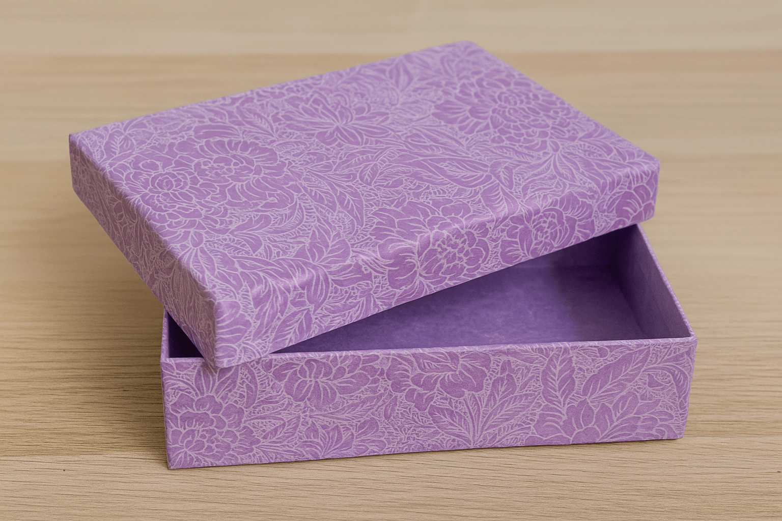 A lavender-colored Lokta paper keepsake box featuring intricate white floral patterns, captured in a close-up against a plain background.
