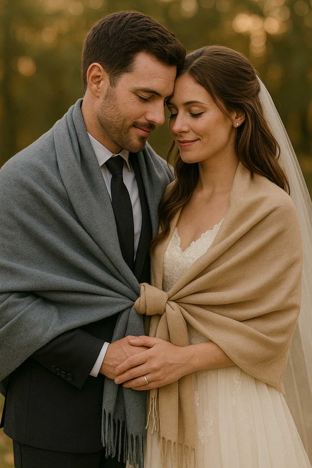 Newlywed couple embracing outdoors during golden hour, wrapped in soft beige and gray pashmina scarves, smiling with eyes closed in a warm and intimate moment.