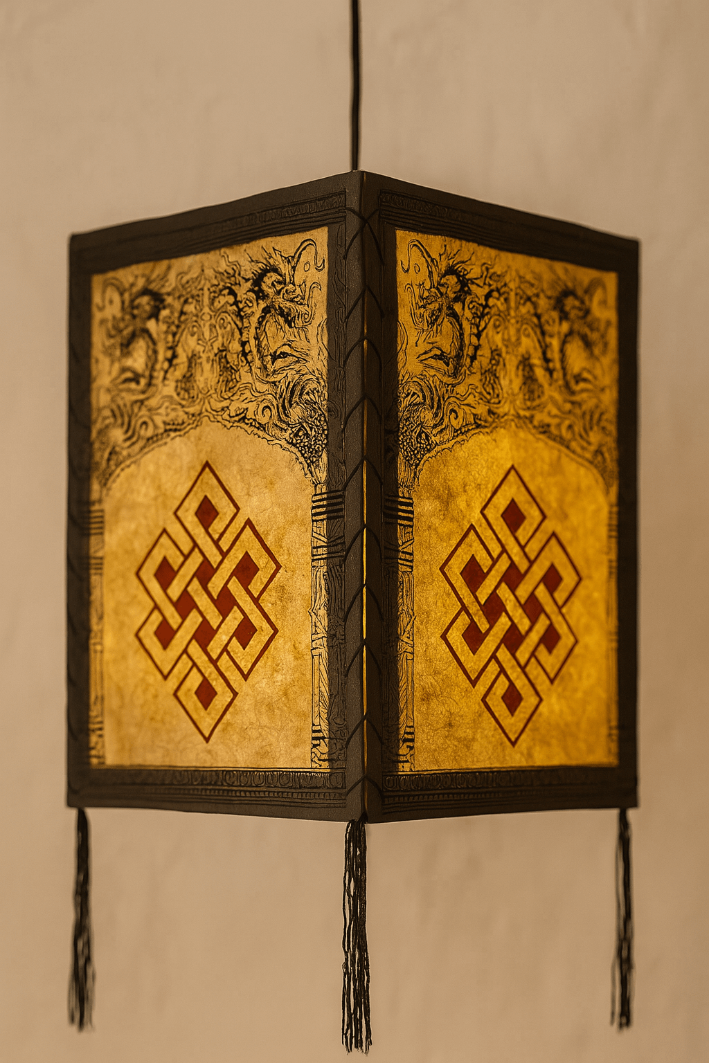 A close-up view of a handcrafted Lokta paper lampshade featuring the Endless Knot symbol and ornate black borders, suspended from the ceiling against a plain backdrop.