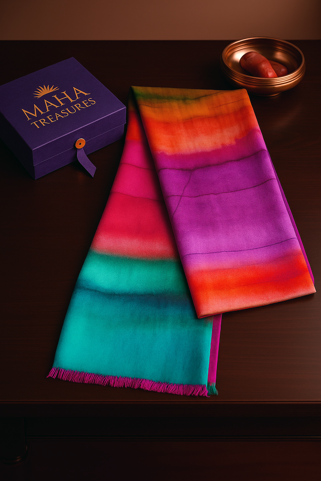 "Luxury handmade pashmina wool blend scarf, Himalayan Sunset design"