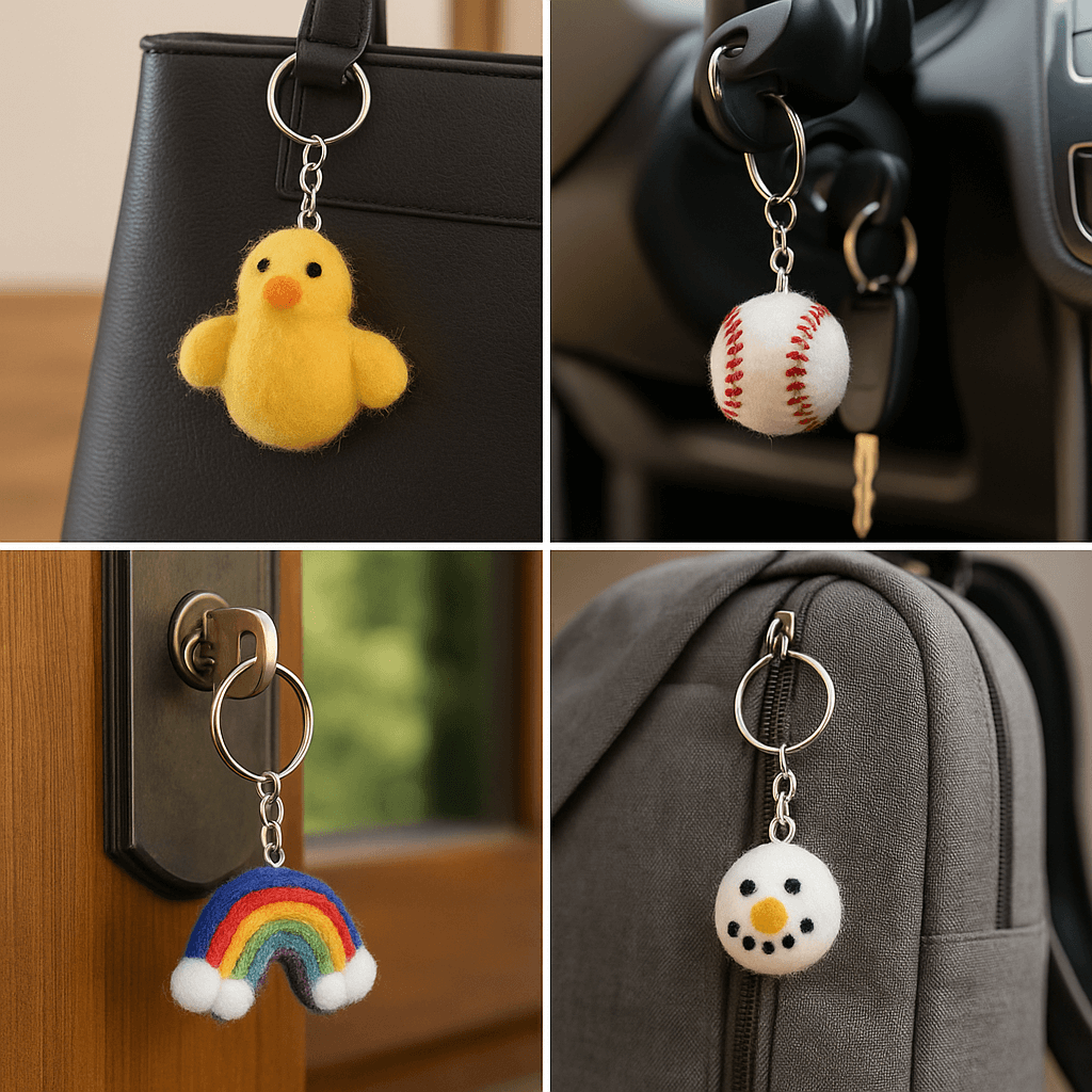 A collage featuring four use cases of felted wool keychains: clipped to a backpack, used as a zipper pull, hanging on a set of keys, and attached to a pencil pouch—showcasing their versatility and handmade appeal.