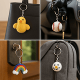 A collage featuring four use cases of felted wool keychains: clipped to a backpack, used as a zipper pull, hanging on a set of keys, and attached to a pencil pouch—showcasing their versatility and handmade appeal.