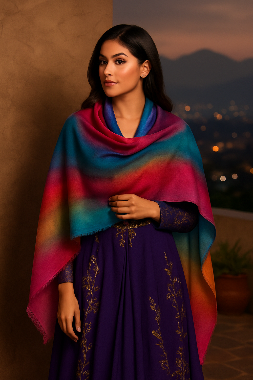"Soft cashmere pashmina shawl in rich orange-red hues, inspired by Himalayan sunsets"
